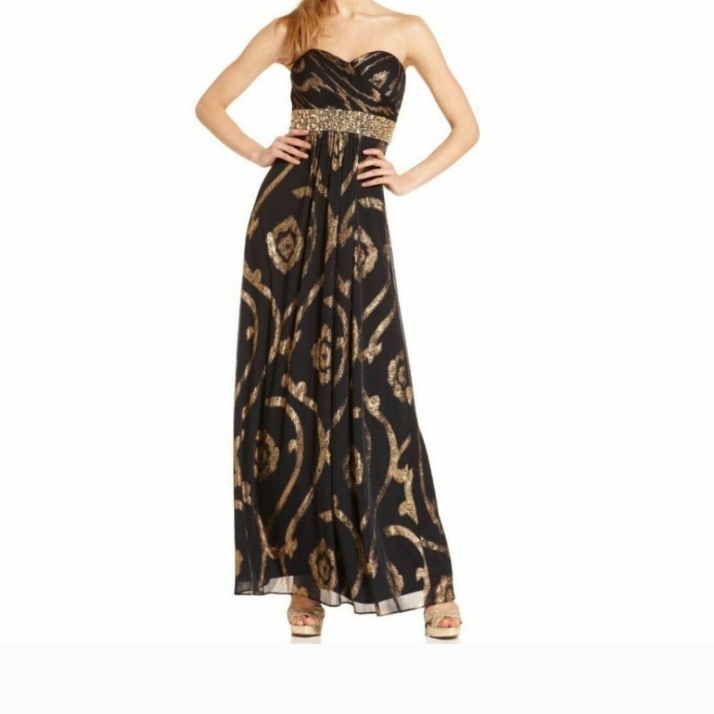 Betsy And Adam Maxi Dress Party Formal Blue And Gold With Rignstone Size 2